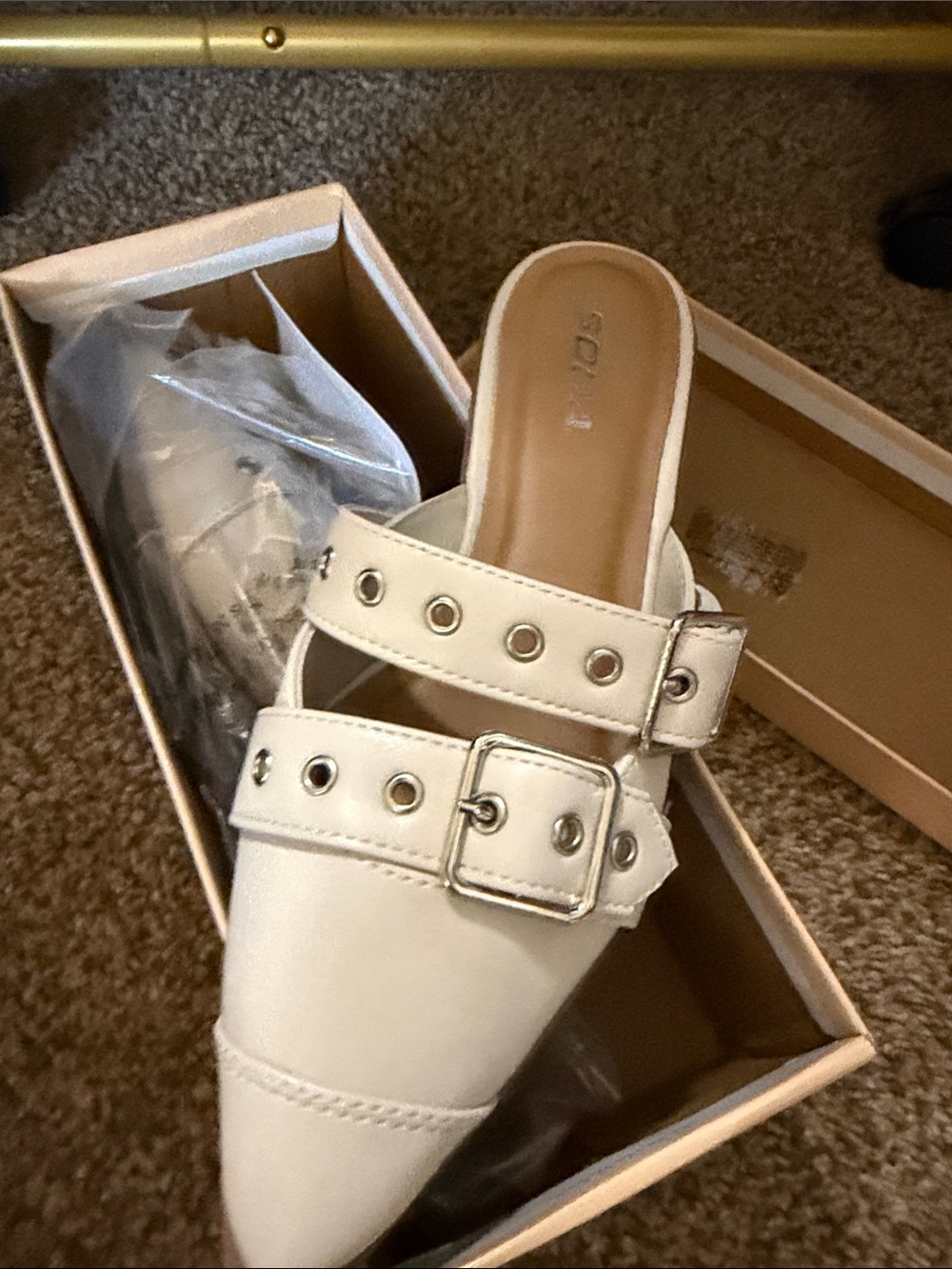 Soda White Pointed Mule with Buckle Straps